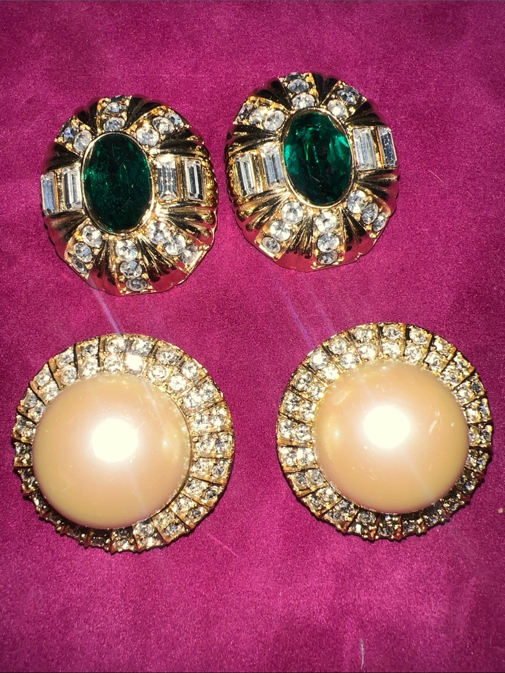 Gold-Tone Earrings Set with Emerald Green Stones and Cream Cabochons